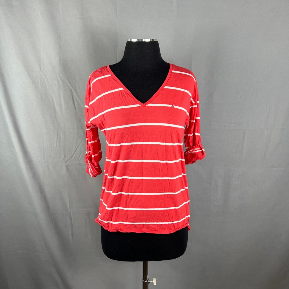 Nautica Shirt Womens Small Coral Red White Striped Cotton Roll Tab Sleeve V Neck